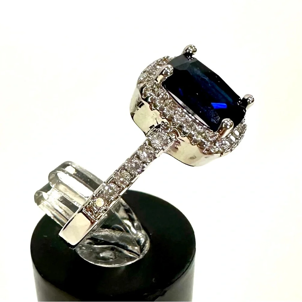 Tibetan Silver stamped .925 stimulated sapphire 6x8mm‎ zirconia halo 7.5 8 8